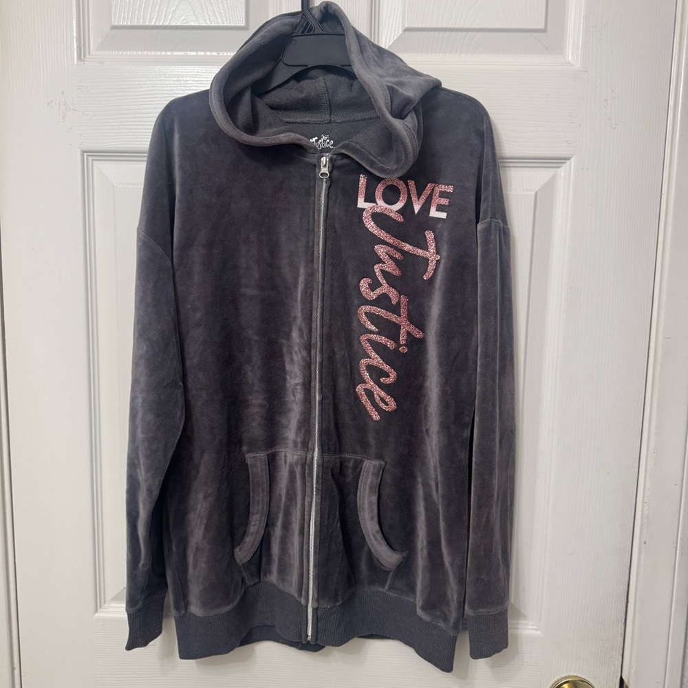 Justice Girls Gray Sparkling Pink Zip Up Hoodie Sweater Kids size 16/18